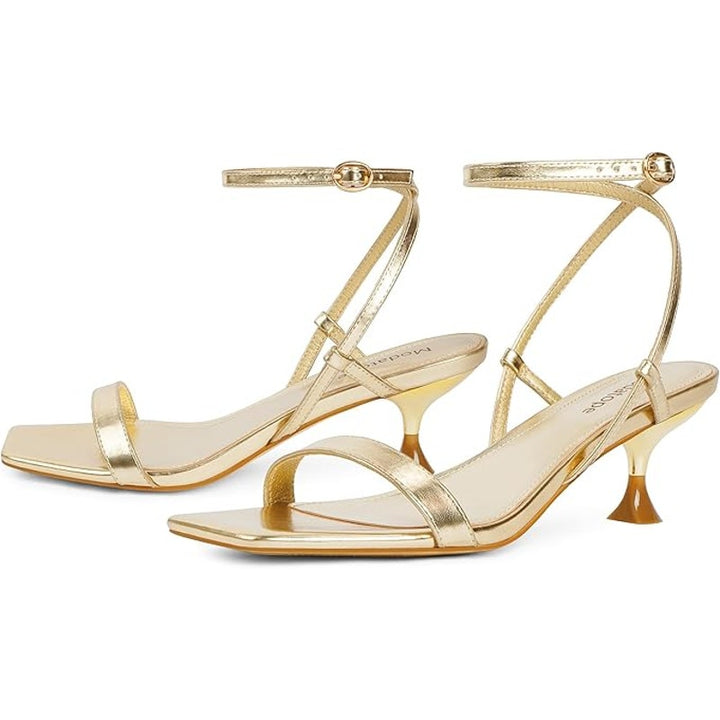 Modatope Womens Size 8 Shiny Gold Open Toe 2.75" Heel Ankle Strap Sandal Shoes