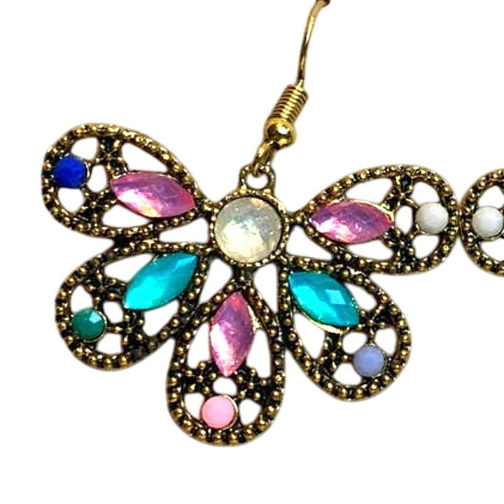 New Gold Toned Aztec Style Jeweled Butterfly Dangle Drop Earrings Red Gift Box