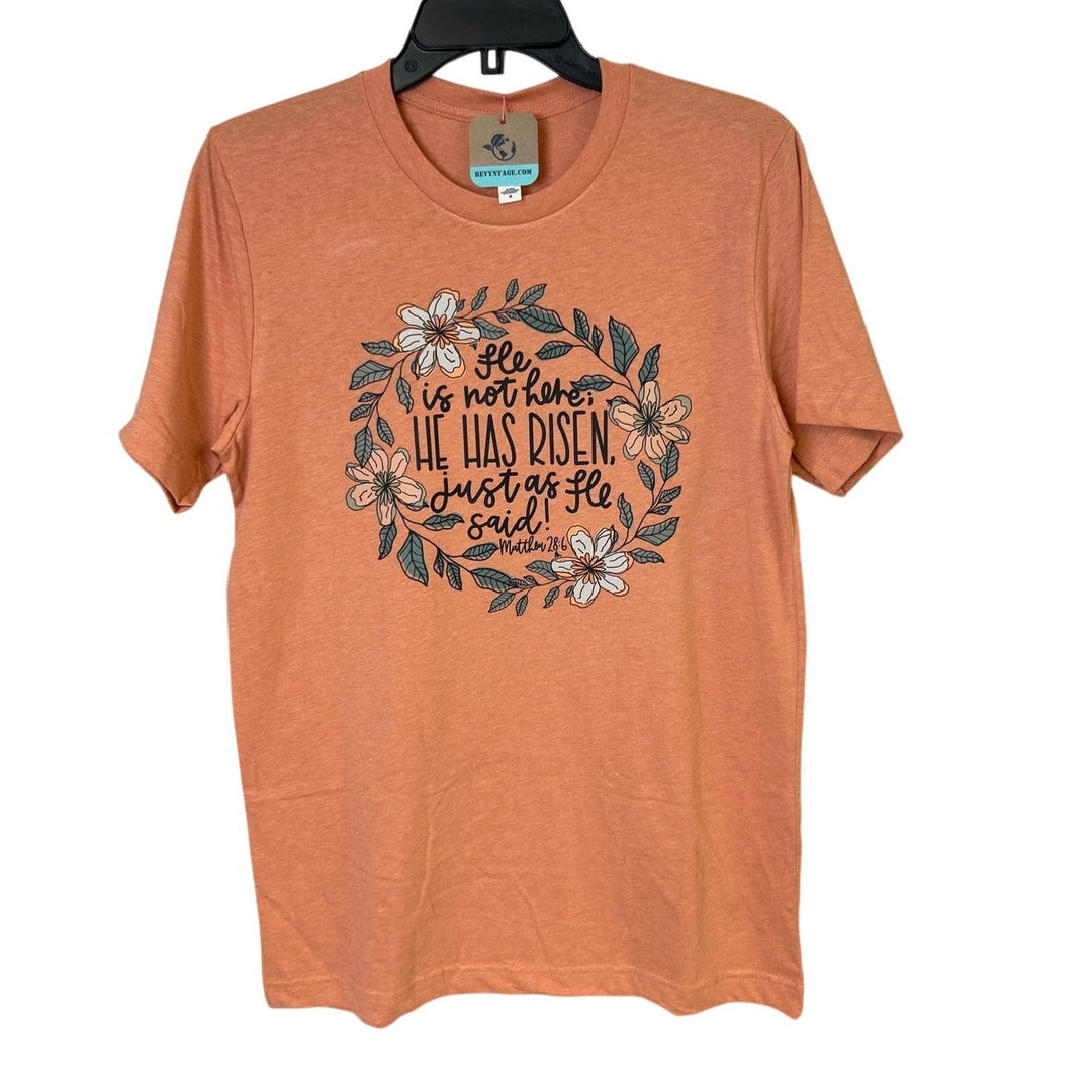 New Hand Printed Womens Medium He Is Not Here He Has Risen Jesus Easter T Shirt