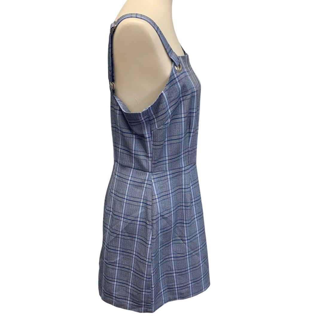 BeBop Womens Large Bib Front Blue Pink Plaid Chinched Waist Sheath Dress