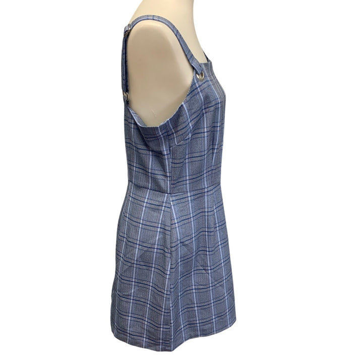 BeBop Womens Large Bib Front Blue Pink Plaid Chinched Waist Sheath Dress