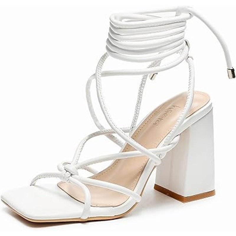 Ethsieta Womens Size 8 White Faux Leather Strappy 4" Chunky Heel Sandal Shoes