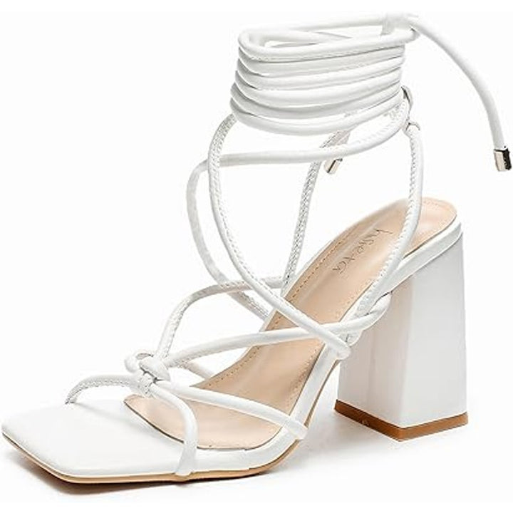 Ethsieta Womens Size 8 White Faux Leather Strappy 4" Chunky Heel Sandal Shoes