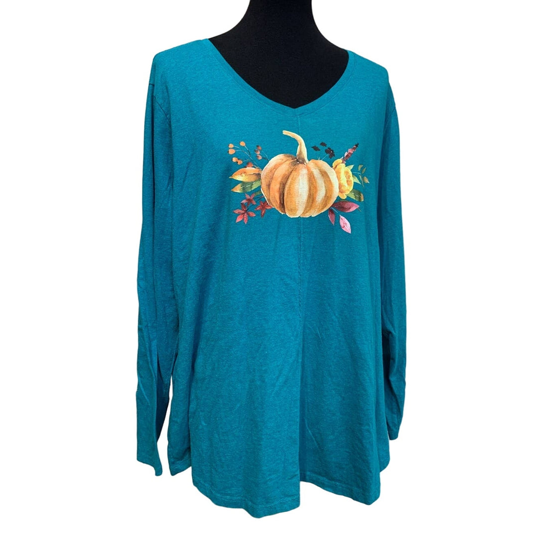 Hand Printed Upcycled 4X Pumpkin Autumn Flower Bouquet Long Sleeve V-Neck Tee