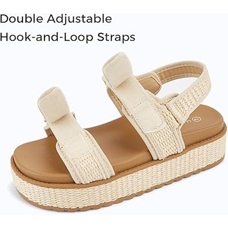 Lucky Step Womens Size 7 Tan Raffia Hook Loop 2" Platform Open Toe Sandal Shoes