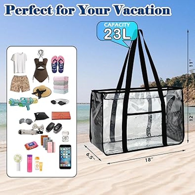 New Fammart Black Nylon Trim Large Clear Stadium Approved Zip Closure Beach Bag