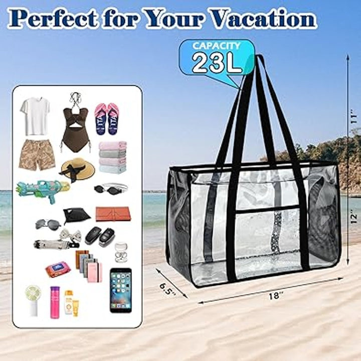New Fammart Black Nylon Trim Large Clear Stadium Approved Zip Closure Beach Bag