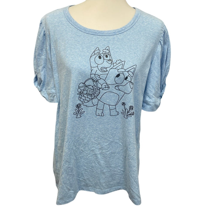 Hand Printed Upcycled Womens Large Bluey Bingo Easter Egg Short Sleeve Tee