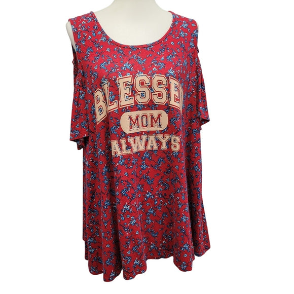Hand Printed Upcycled Womens XL Floral Blessed Mom Always Cold Shoulder Blouse