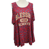 Hand Printed Upcycled Womens XL Floral Blessed Mom Always Cold Shoulder Blouse