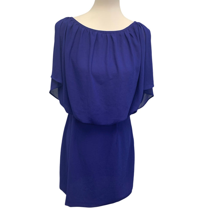 JustFab Womens Large Gathered Waist Sheer Polyester Cap Sleeve Knee Length Dress