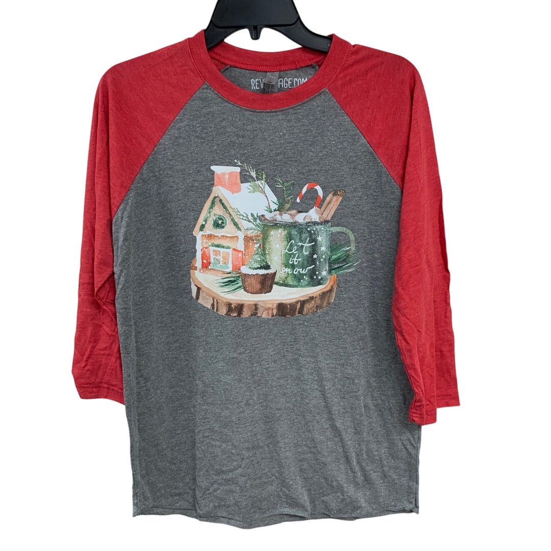 New Hand Printed Small Christmas Cottage Tree Cupcake Cocoa 3/4 Sleeve Tee