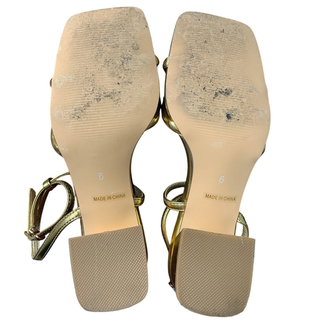 Teaieui Womens 6 Shiny Gold Open Toe 2.5" Block Heel Ankle Strap Sandal Shoes