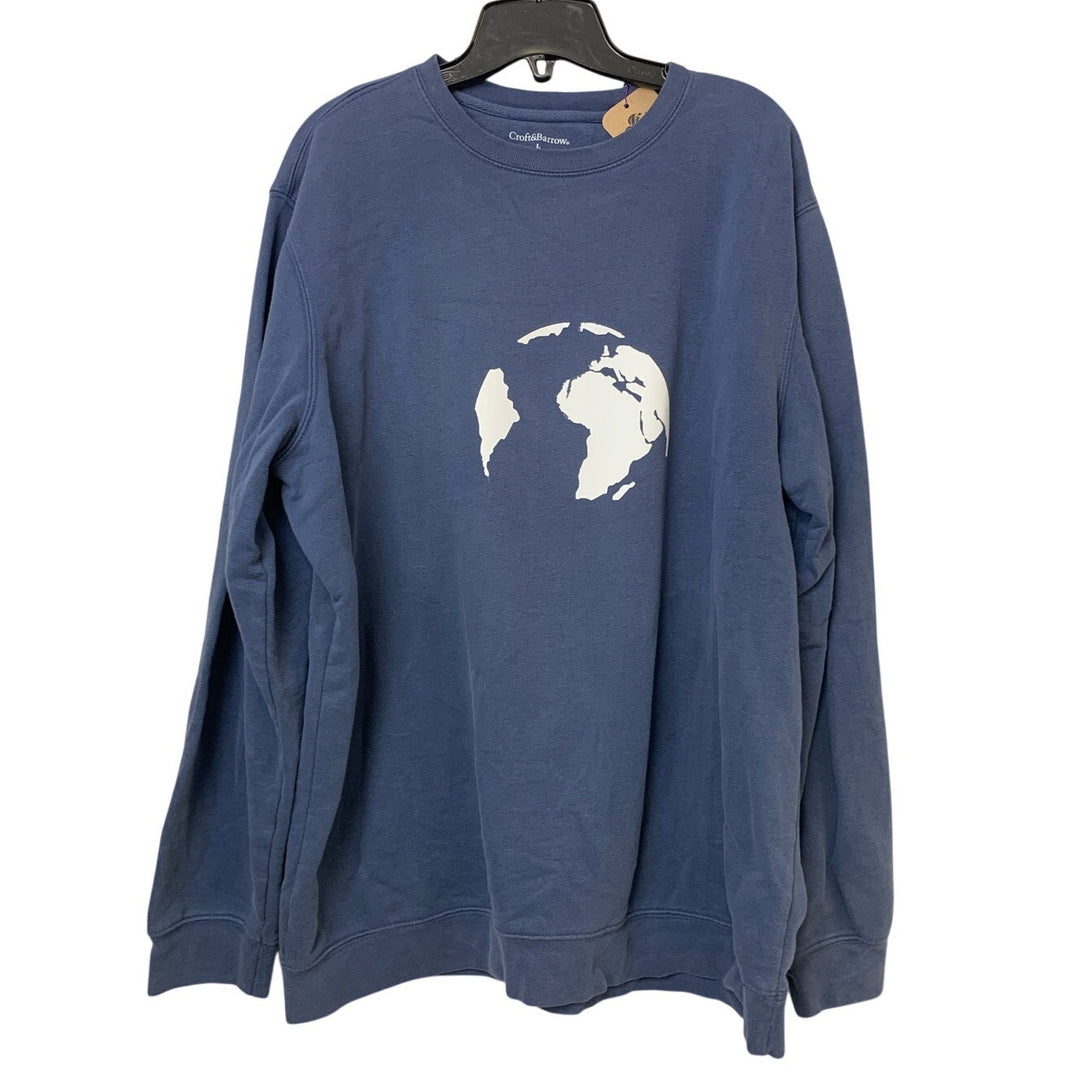 Upcycled Hand Printed Womens Large Blue Save Planet Earth Crew Neck Sweatshirt