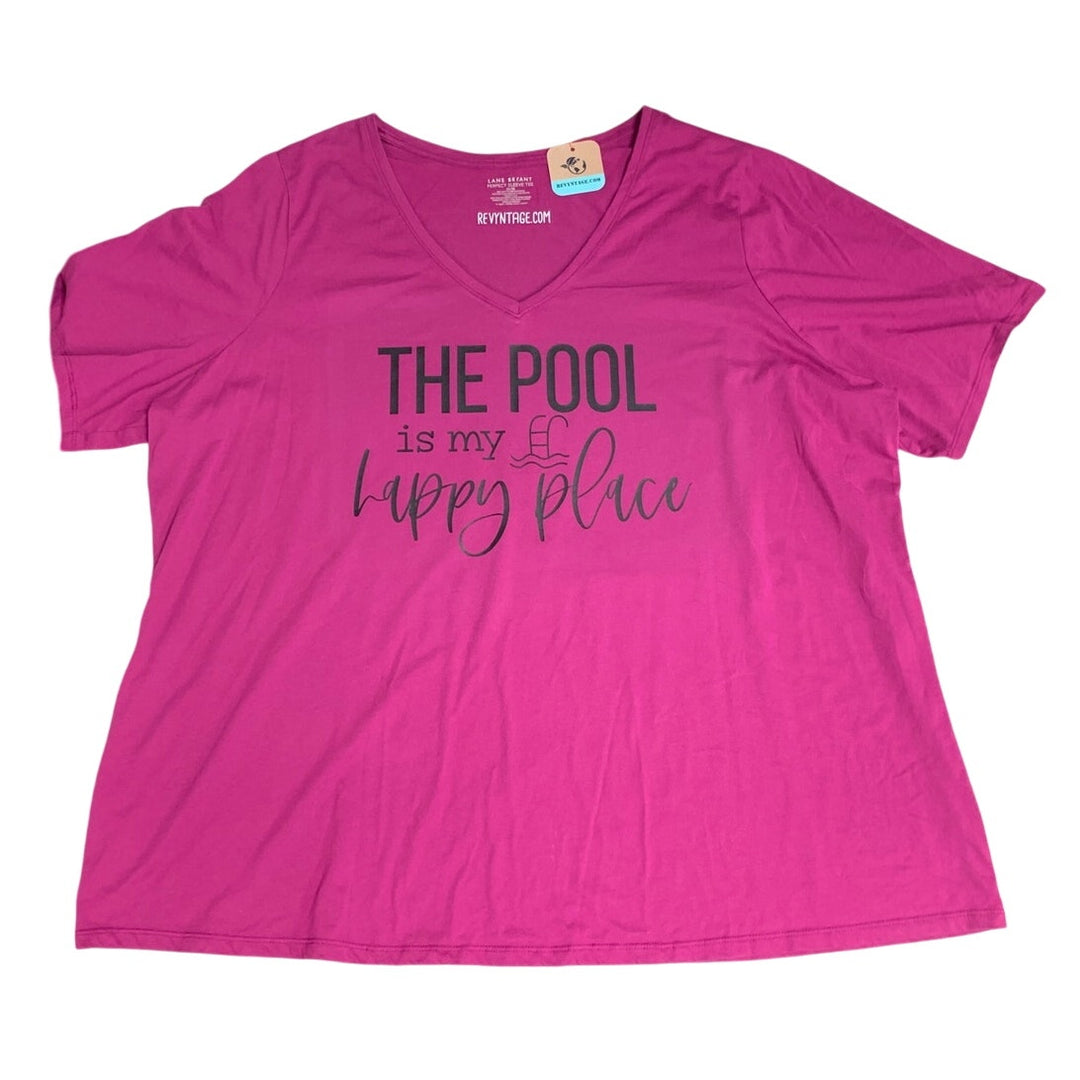 Upcycled Hand Printed Womens Plus 26/28 Pool is My Happy Place Short Sleeve Tee