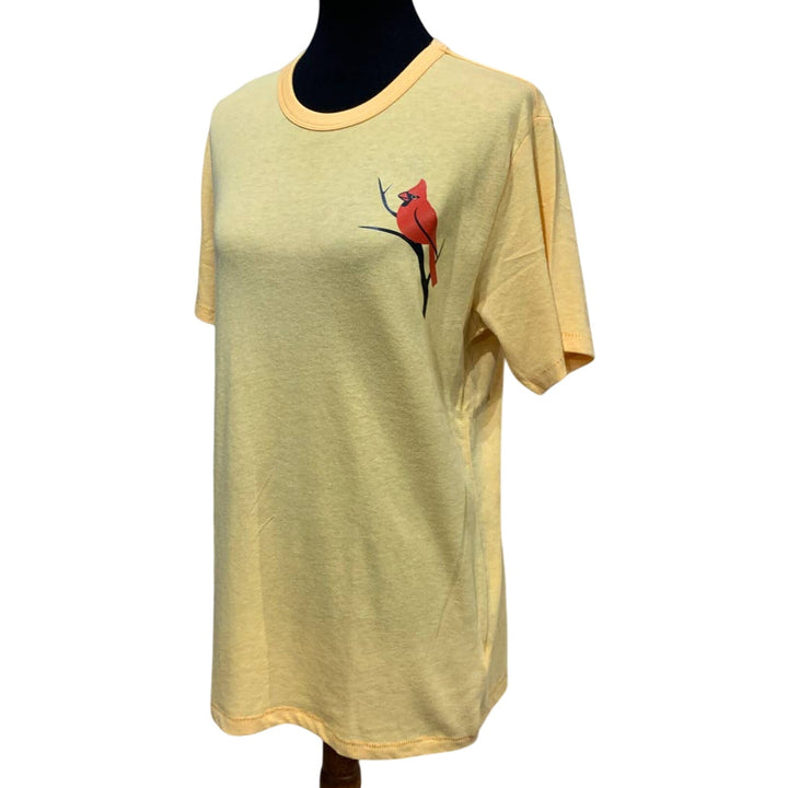 New Hand Printed Mens Large Red Cardinal Bird Short Sleeve PolyCotton T-Shirt