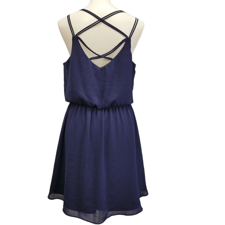 By &amp; By Womens Large Navy Blue 100% Polyester Spaghetti Strap Fit &amp; Flare Dress