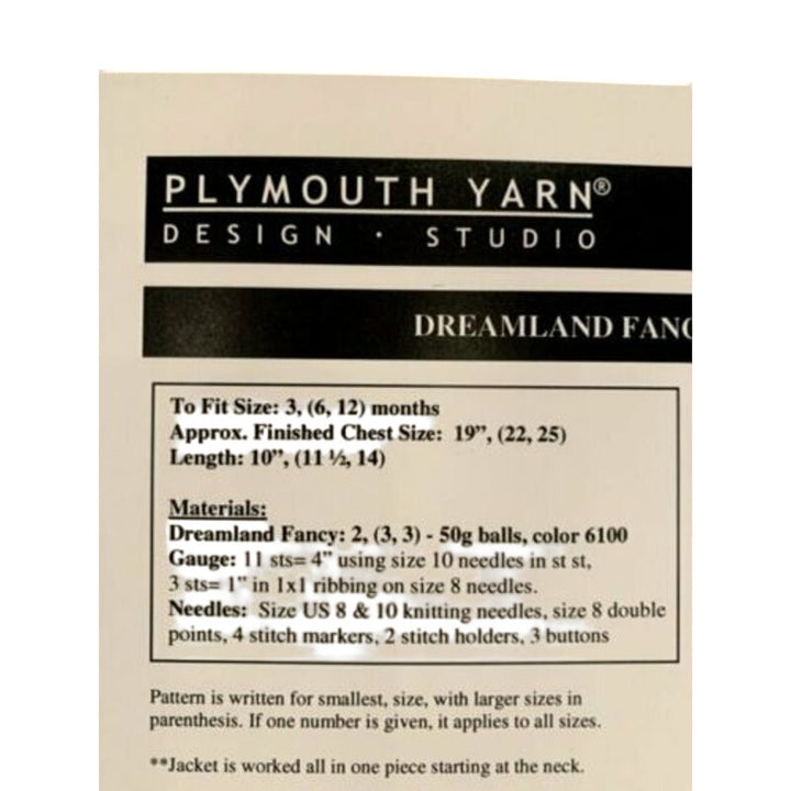 New Plymouth Yarn Co 2030 Dreamland Fancy Baby Jacket Sweater Knitting Pattern