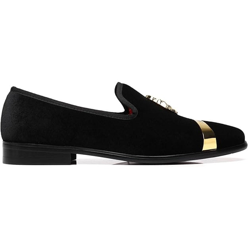 Elanroman Mens Size 9 Black Velvet Gold Slip On Low Heel Loafers Formal Shoes