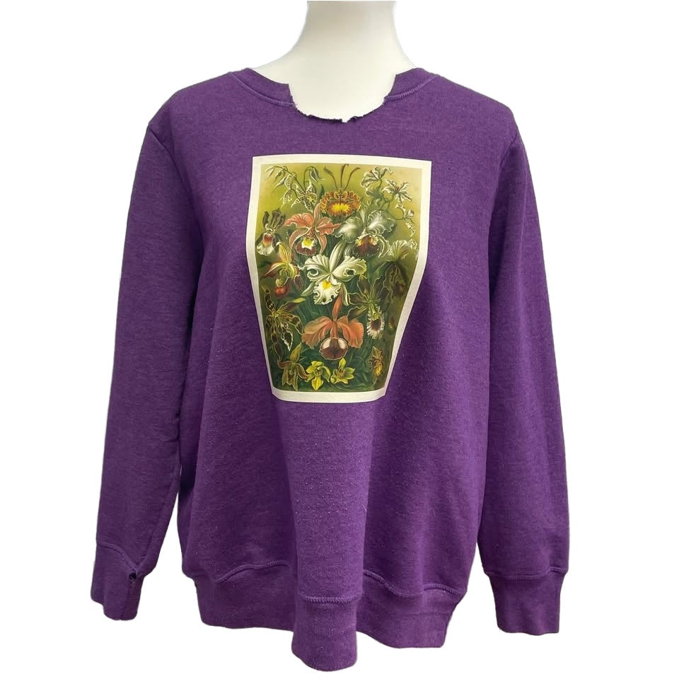 Hand Printed Upcycled Womens 2XL Vintage Orchid Botanical Flower Sweatshirt