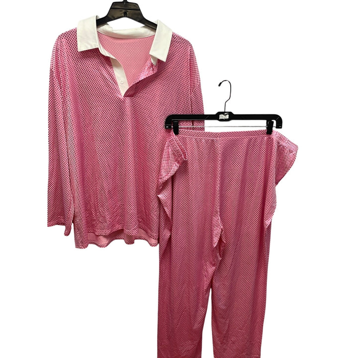 Womens Plus Size 5X Metallic Pink Polka Dot PolyCotton Long Sleeve Shirt &amp; Pants