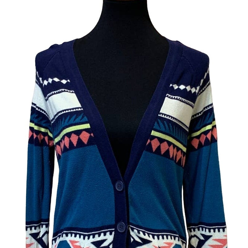 Nollie Womens Medium Aztec Inspired Striped Cotton Blend Knit Cardigan Sweater