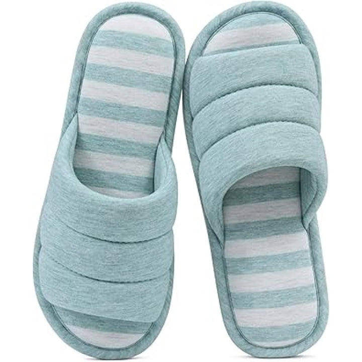 Shevalues Women Size 8.5 Bue White Striped Open Toe Slide On House Slipper Shoes
