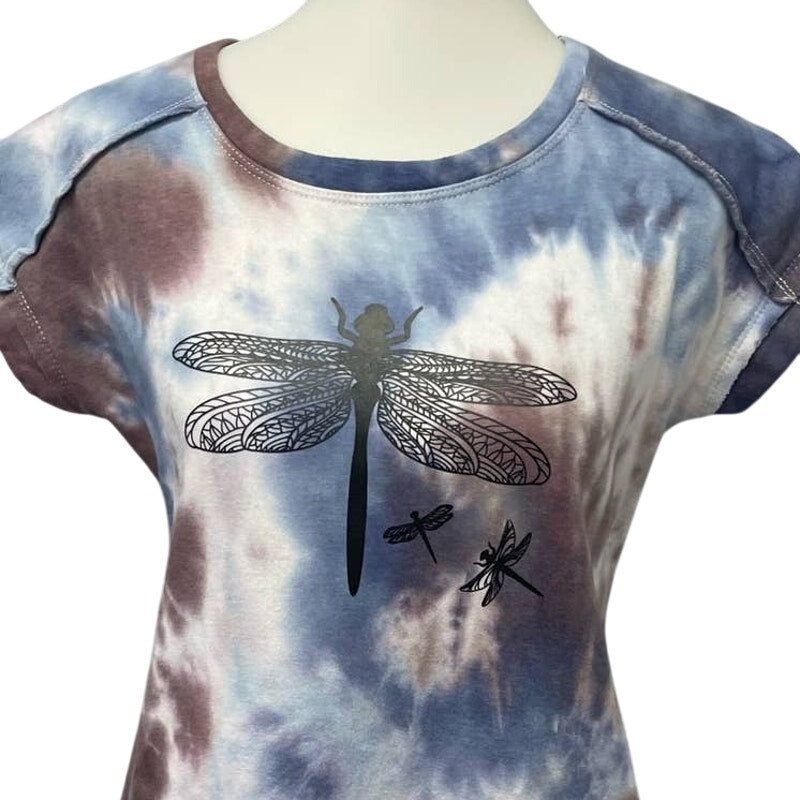 Upcycled Hand Printed Small Dragonfly Short Sleeve Mini Sweatshirt Tie Dye Dress