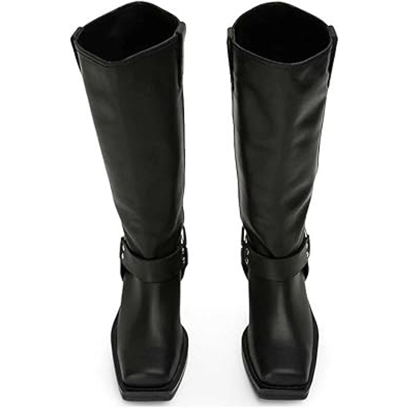 Fifsy Womens Size 6.5 Black Faux Leather 1.5" Heel Pull On Riding Boots Shoes