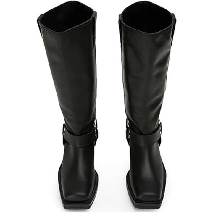 Fifsy Womens Size 6.5 Black Faux Leather 1.5" Heel Pull On Riding Boots Shoes