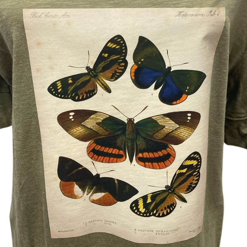 Hand Printed Upcycled Large Vintage Reference Book Butterfly Page Scoop Neck Tee