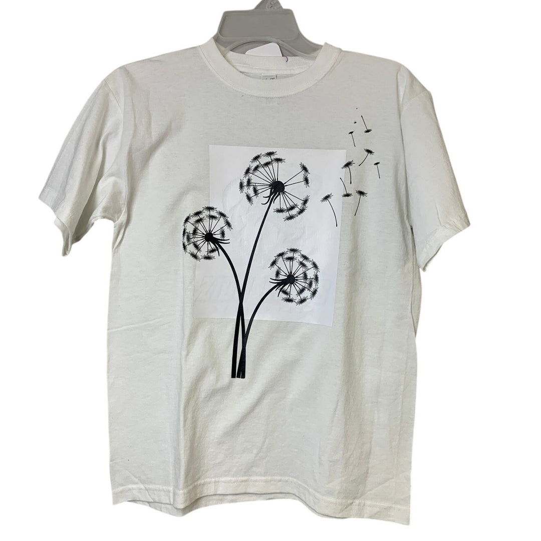 New Upcycled Hand Printed Girls Large Dandelion Wish White Short Sleeve T-Shirt