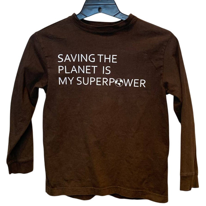 Hand Printed Upcycled Kids Medium Saving the Planet is My Superpower Tee