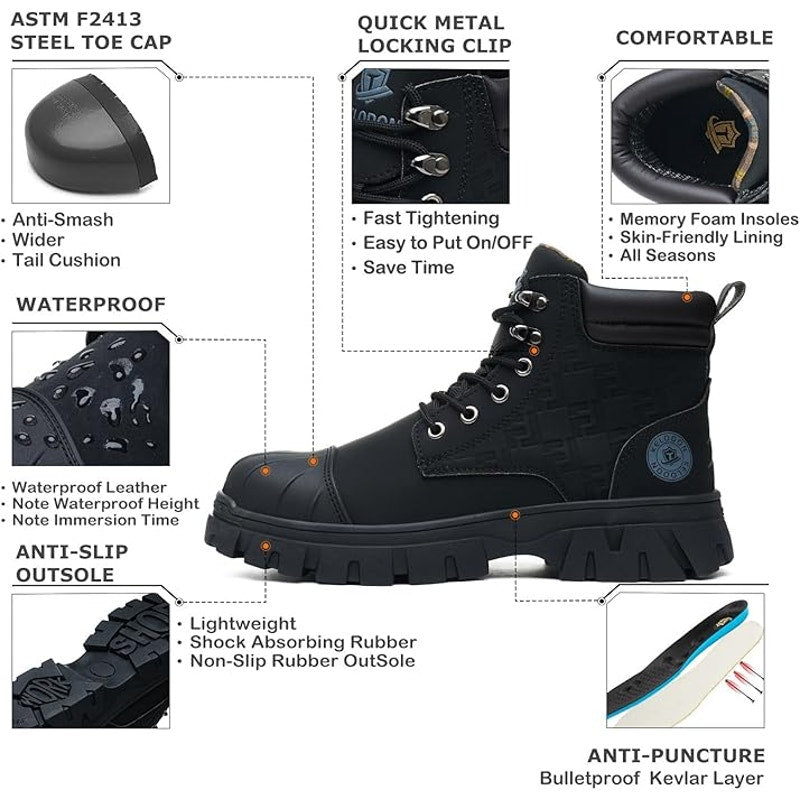 Kelodon Mens Size 9.5 Black Waterproof Steel Toe Memory Foam Non Slip Work Boots