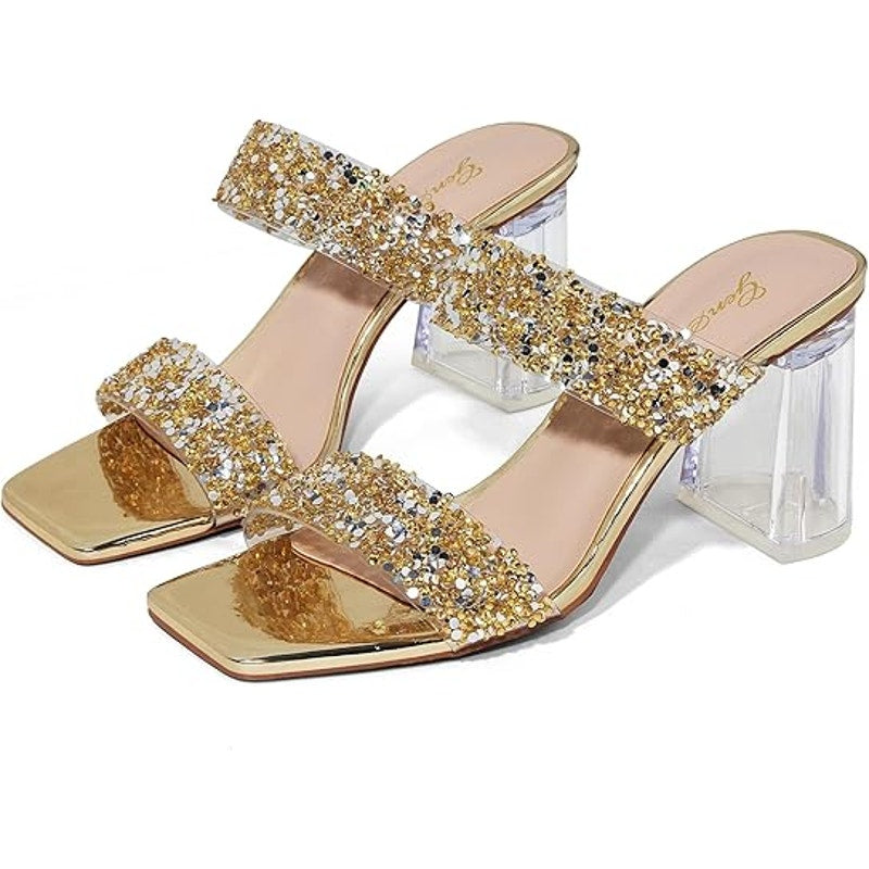 Genshuo Womens Size 9 Gold Silver Sparkle Clear 3.5" Heel Silde On OpenToe Shoes
