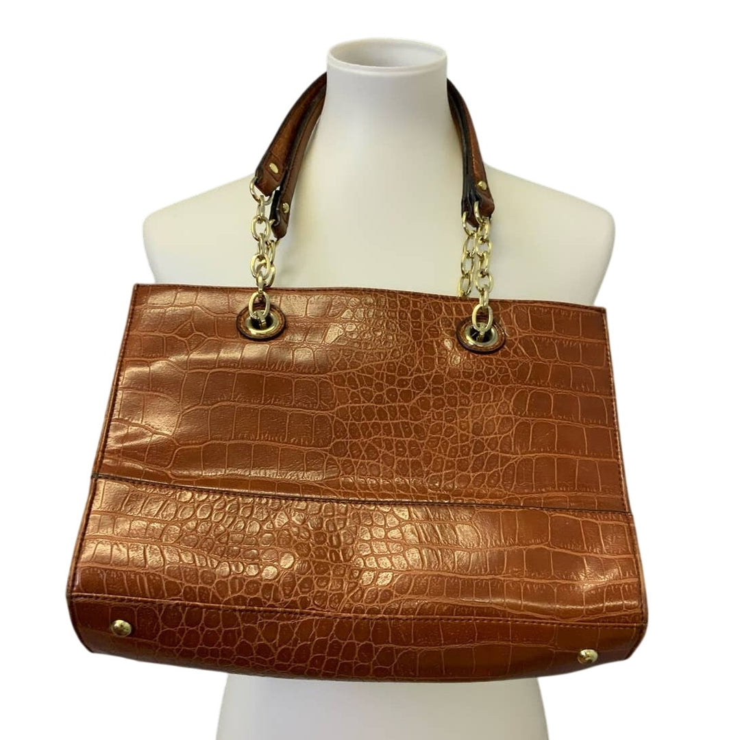 Anne Klein Faux Crocodile Brown Leather Handbag Purse Gold Chains Pockets