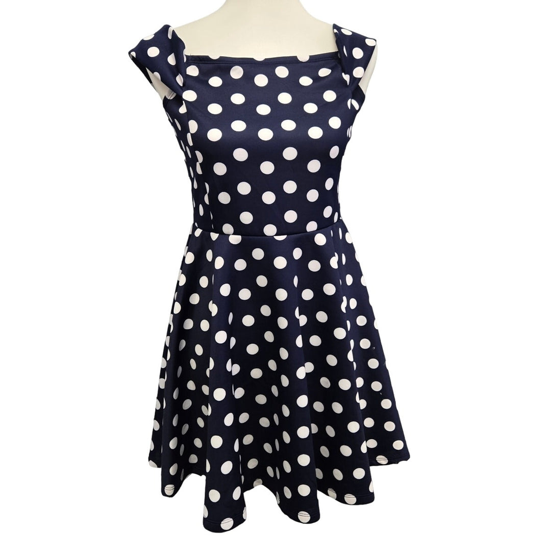New No Boundaries Juniors Large 11/13 Navy Off Shoulder Polka Dot Skater Dress