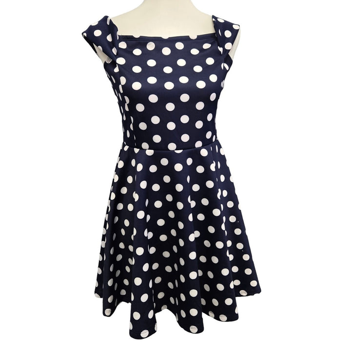 New No Boundaries Juniors Large 11/13 Navy Off Shoulder Polka Dot Skater Dress