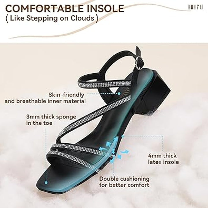 New Idifu Womens 8.5 Black Silver Rhinestone Open Toe 2" Block Heel Sandal Shoes