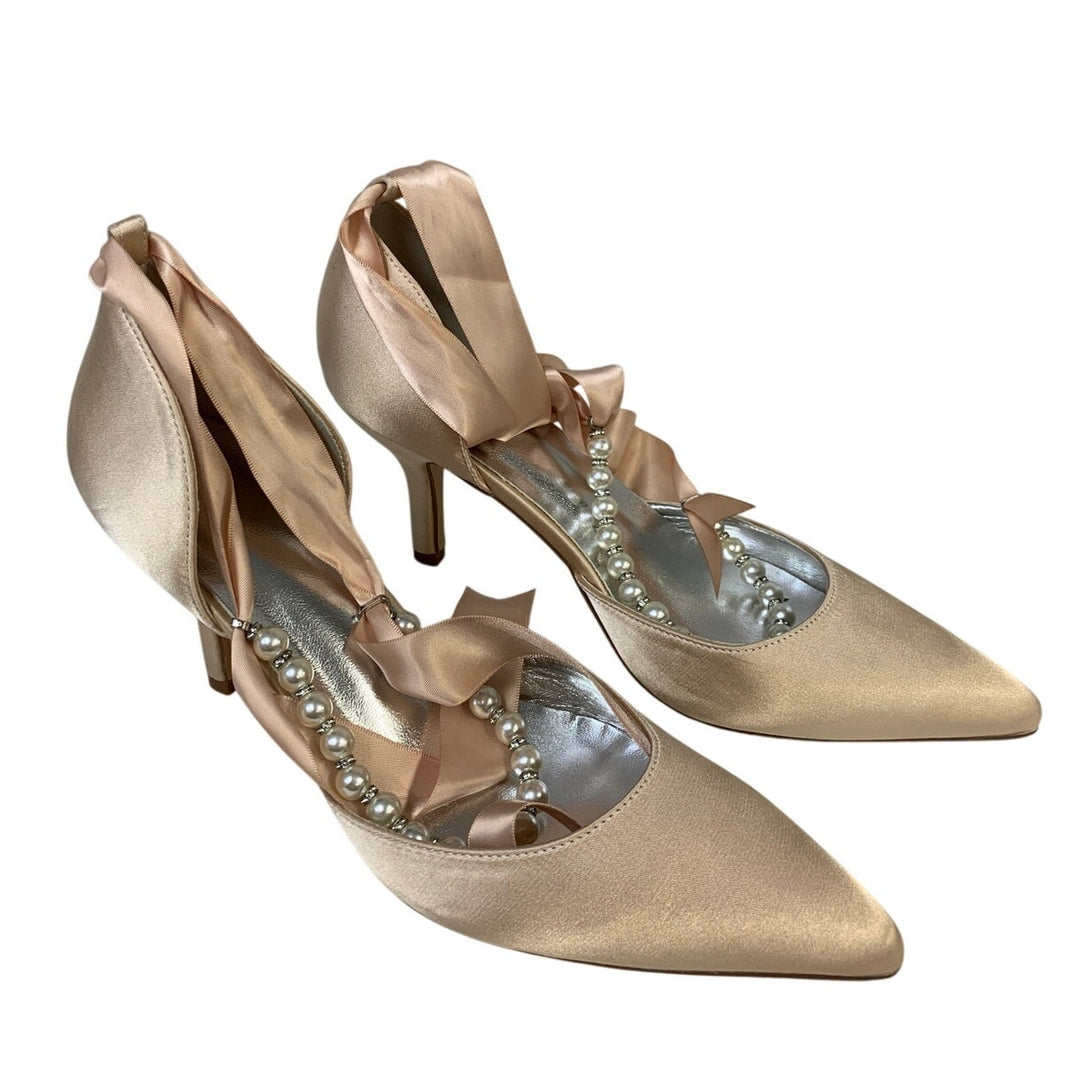 Womens Size 10 Champagne 3" Heel Closed Pointed Toe Pearl Ankle Tie Shoes