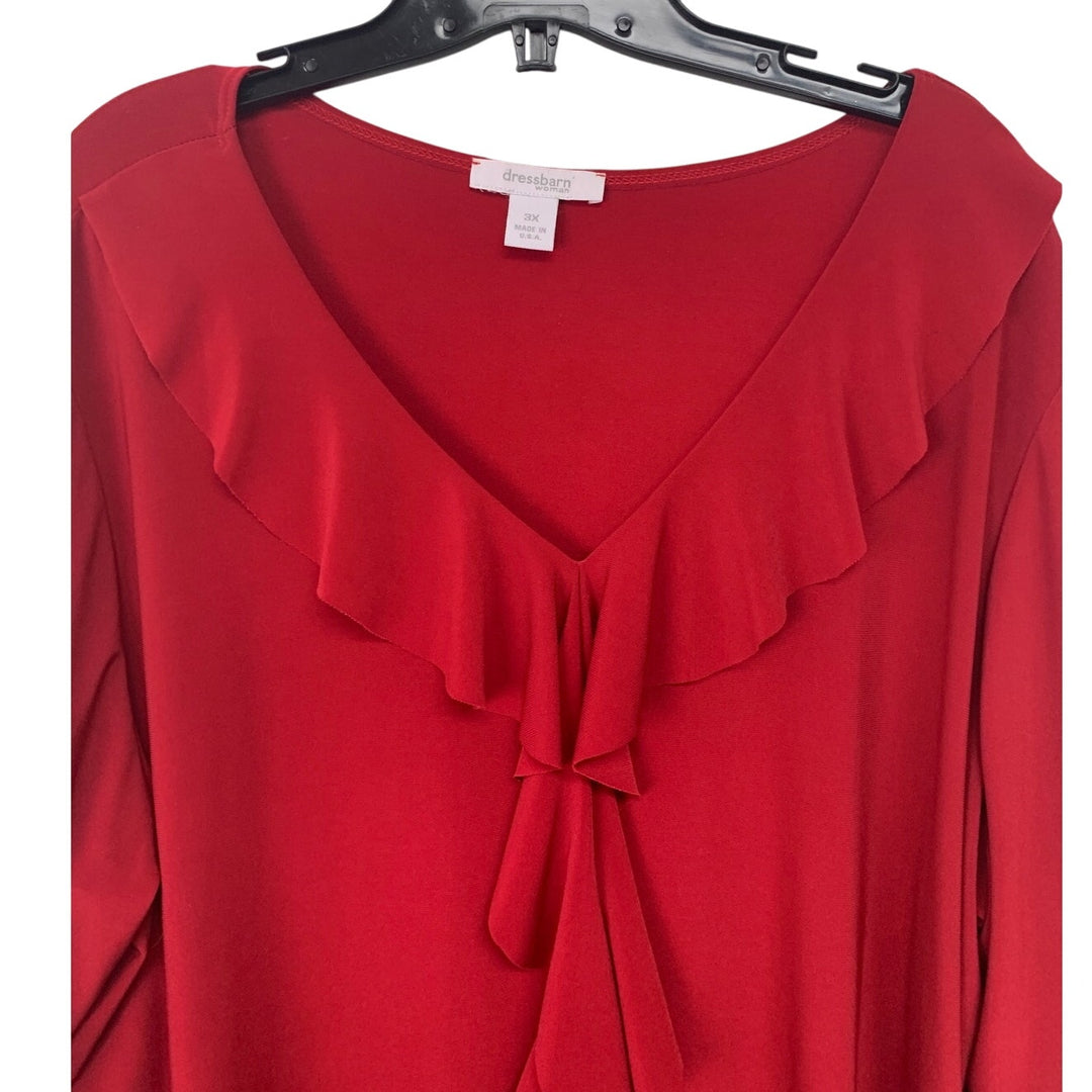 Dress Barn Womens 3X PolySpandex Long Sleeve Red Ruffled V Neck Flowy Blouse