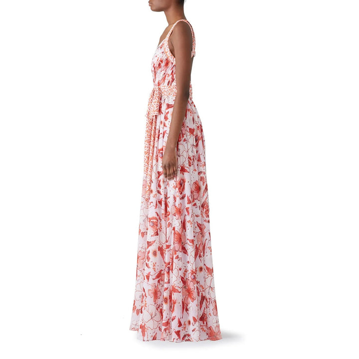 Badgley Mischka Size 14 Pink Floral Cris Cross Back Deep V Flowy Maxi Dress Gown