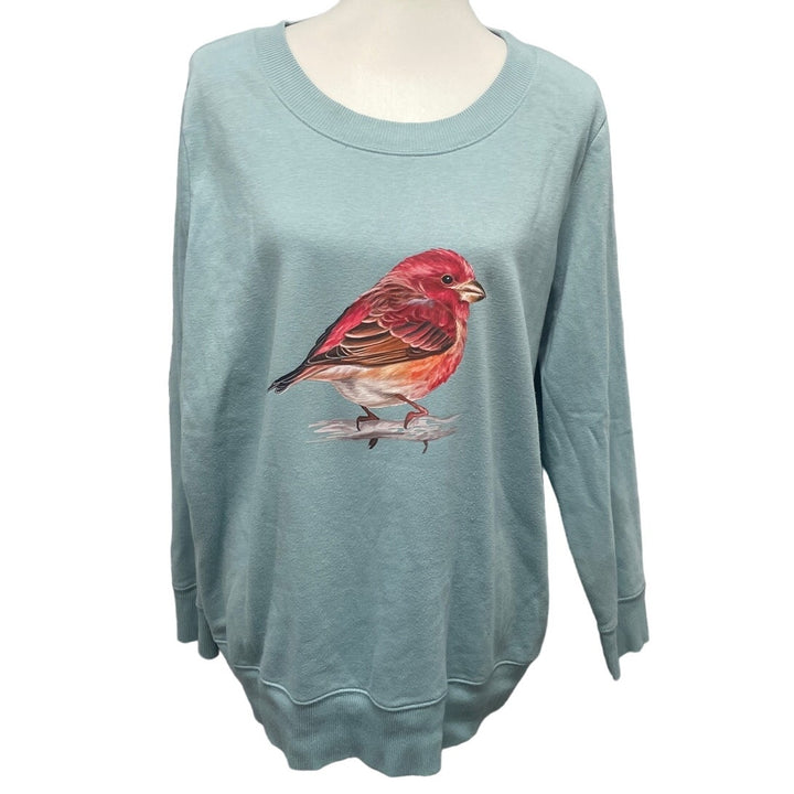 Hand Printed Upcycled Womens 1X Red Finch Bird PolyCotton Crew Neck Sweatshirt