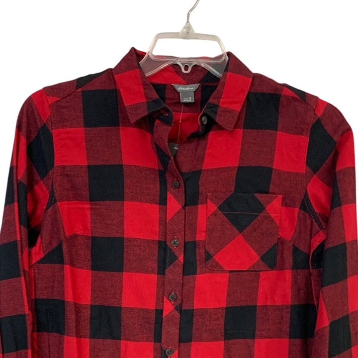 New Eddie Bauer Womens Small Red Black Plaid Forest Flannel Button Up Shirt