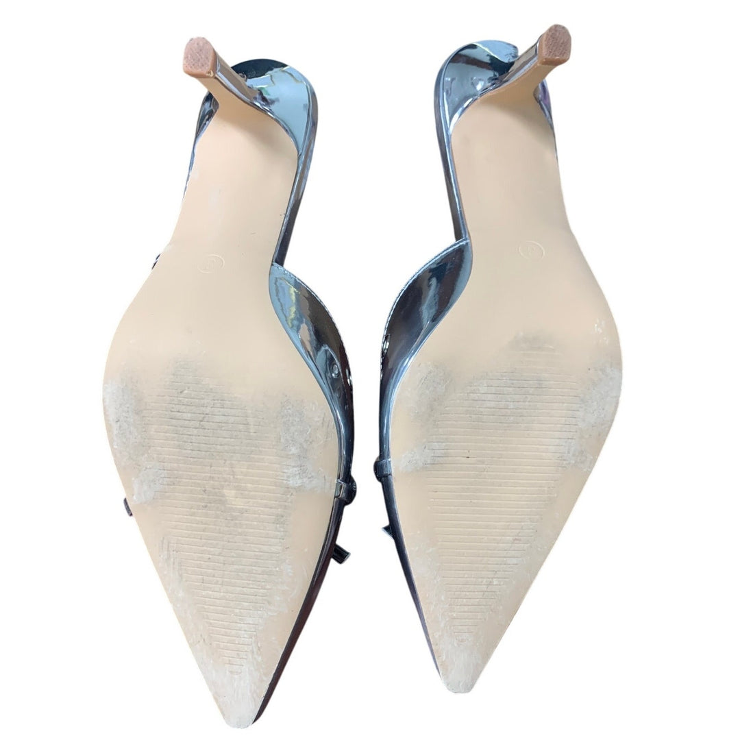 Coutgo Womens Size 8 Silver Mirror Bow Tie Slide On 3.25" Heel Pointed Toe Shoes