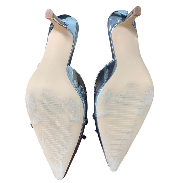 Coutgo Womens Size 8 Silver Mirror Bow Tie Slide On 3.25" Heel Pointed Toe Shoes