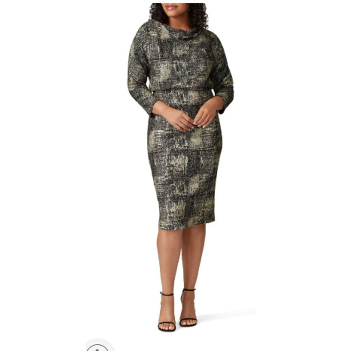 Badgley Mischka Size 22 Black Gold 3/4 Sleeve Boat Neck Sheath Office Dress