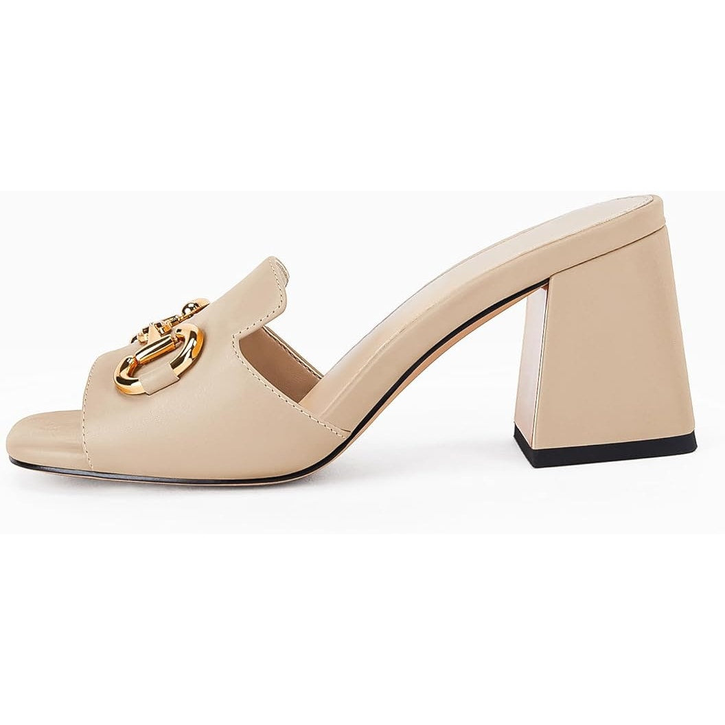 New Gihubafuil Womens Size 7 Tan Gold Buckle Peep Toe 3" Block Heel Shoes w Flaw