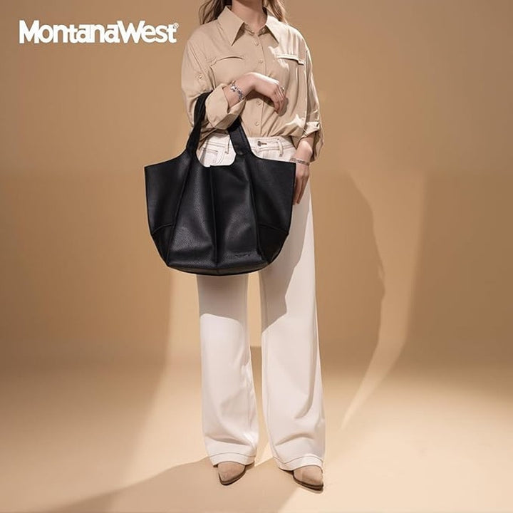 NWT New Montana West Womens Black PU Leather Tote Bag Large Shoulder Purse