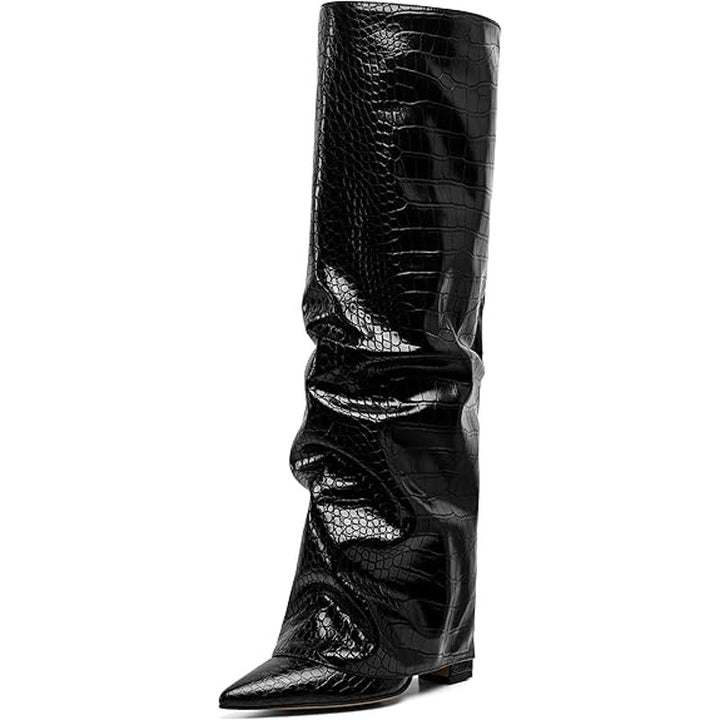 Synchoiss Womens 6 Black 4" Heel  Knee High Boots Faux Leather Foldover Shoes